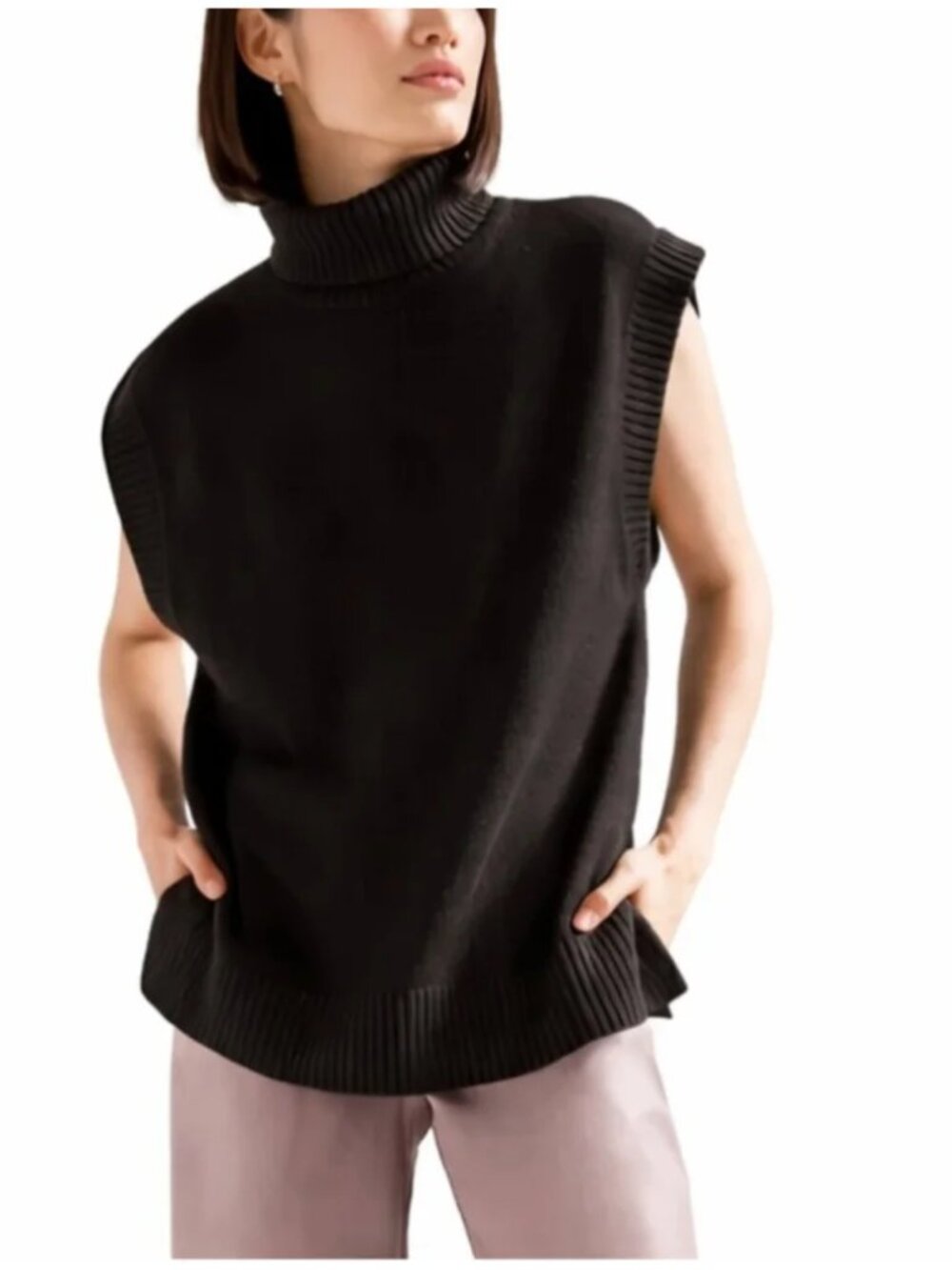 BABATON Byline Turtleneck Sleeveless Sweater Vest Black Medium Merino Wool Knit